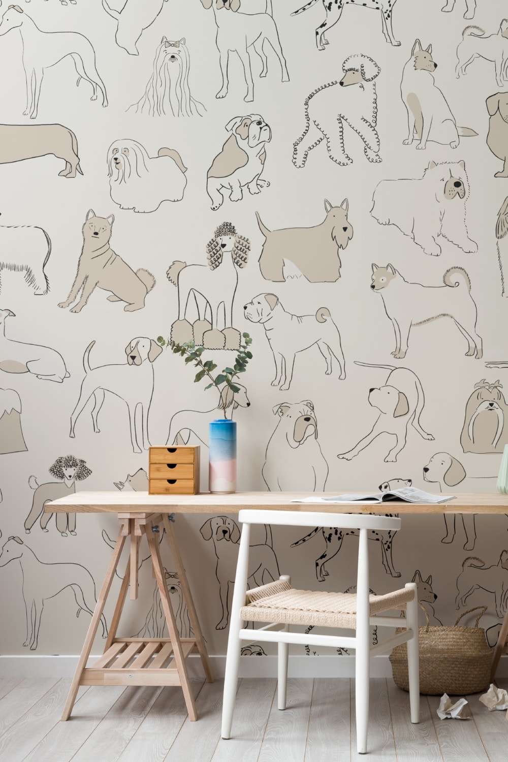 Neutral Bulldog & Sausage Dog Pattern Pet Wallpaper Mural