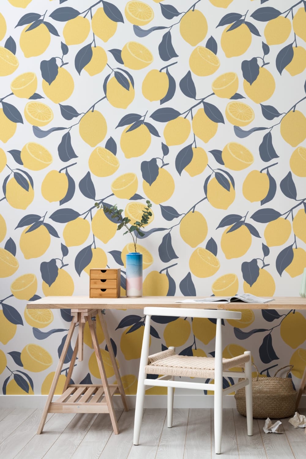 Carta da Parati Colorata con Motivo di Limoni in Giallo e Blu