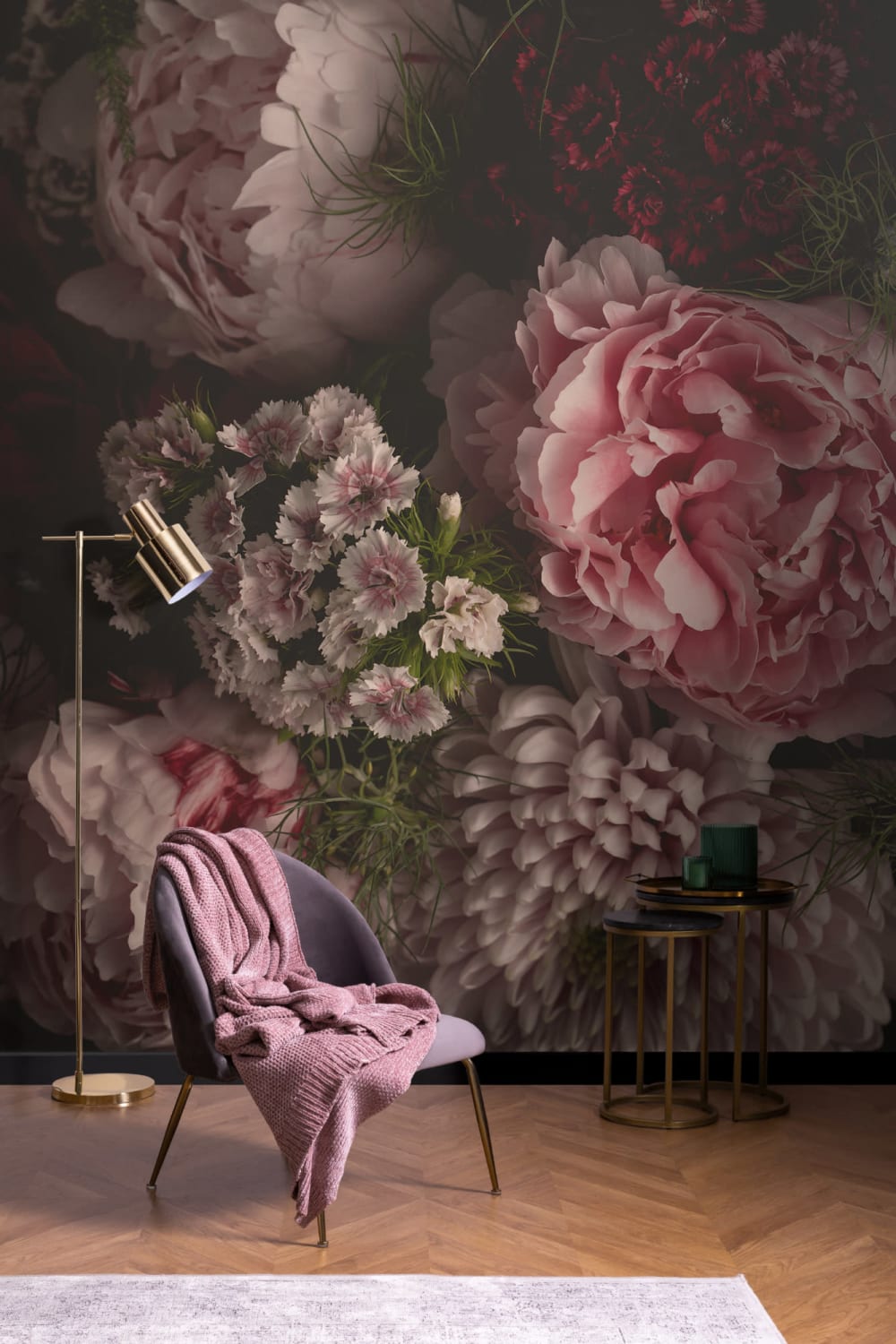 Pink Photographic Oversized Dark Moody Floral Wallpaper Mural