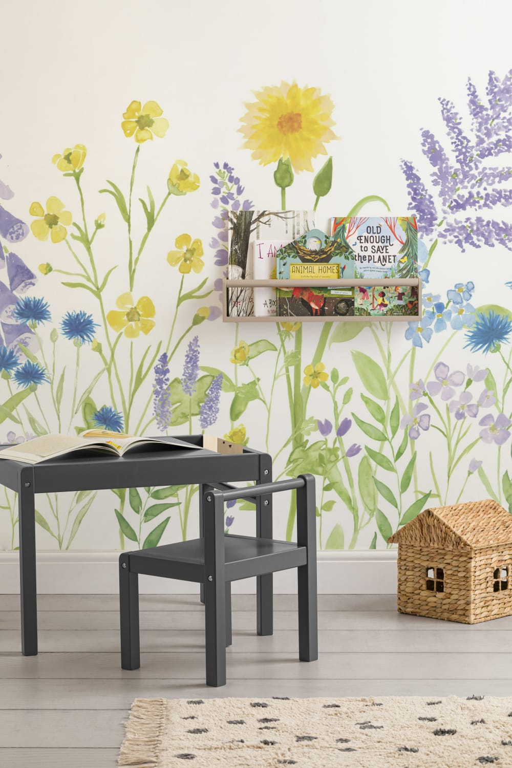 Bright Lilac & Green Watercolor Wildflower Wallpaper Mural