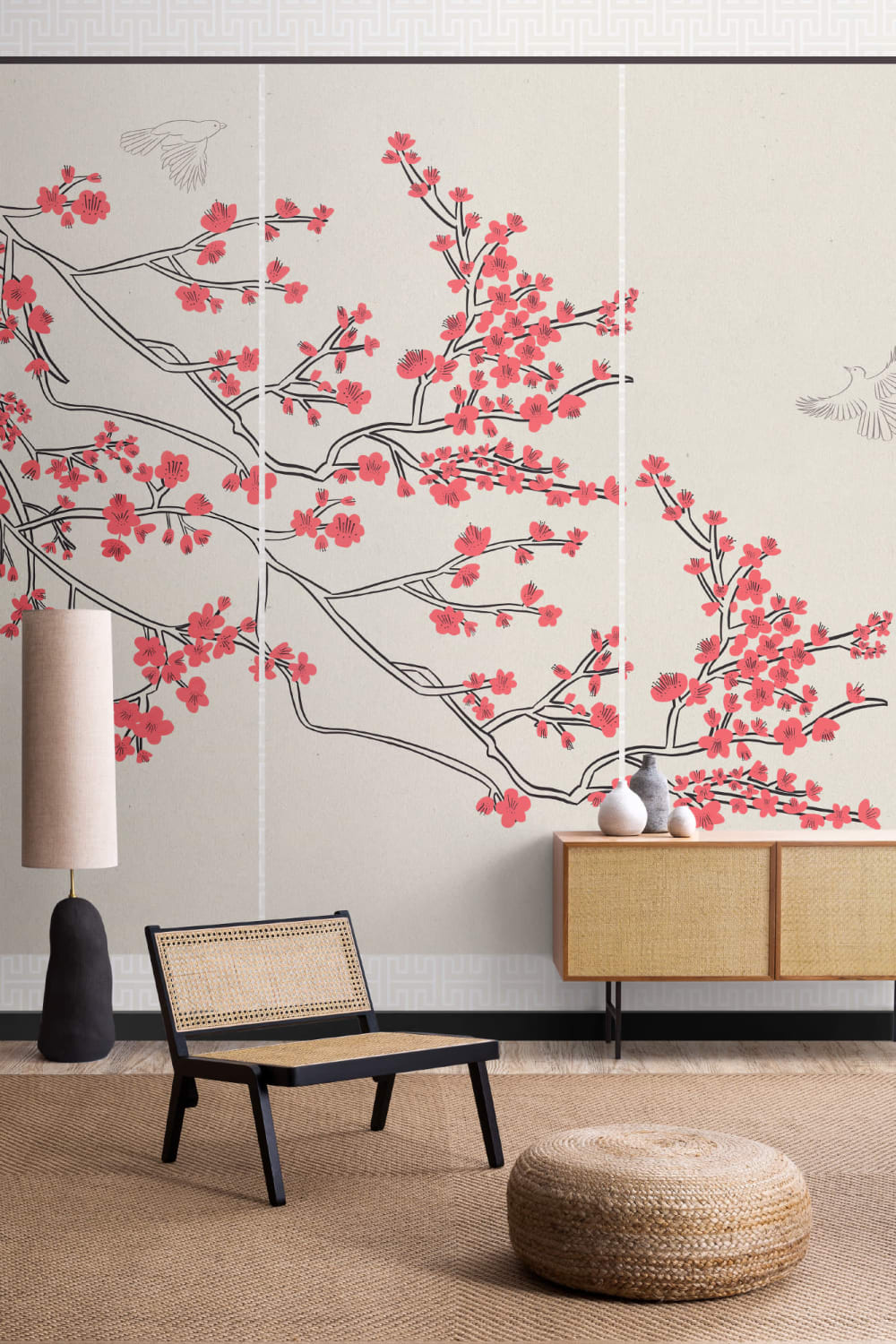 Mural Papel Pintado Japonés con Cerezo Rojo en Biombo