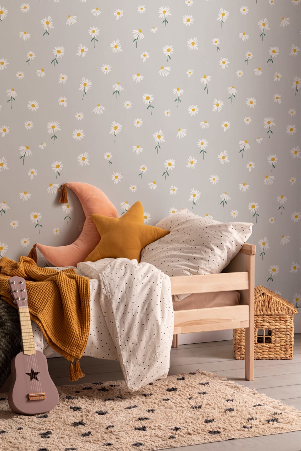 Ljusgrå målad Daisy Repeat Pattern Wallpaper