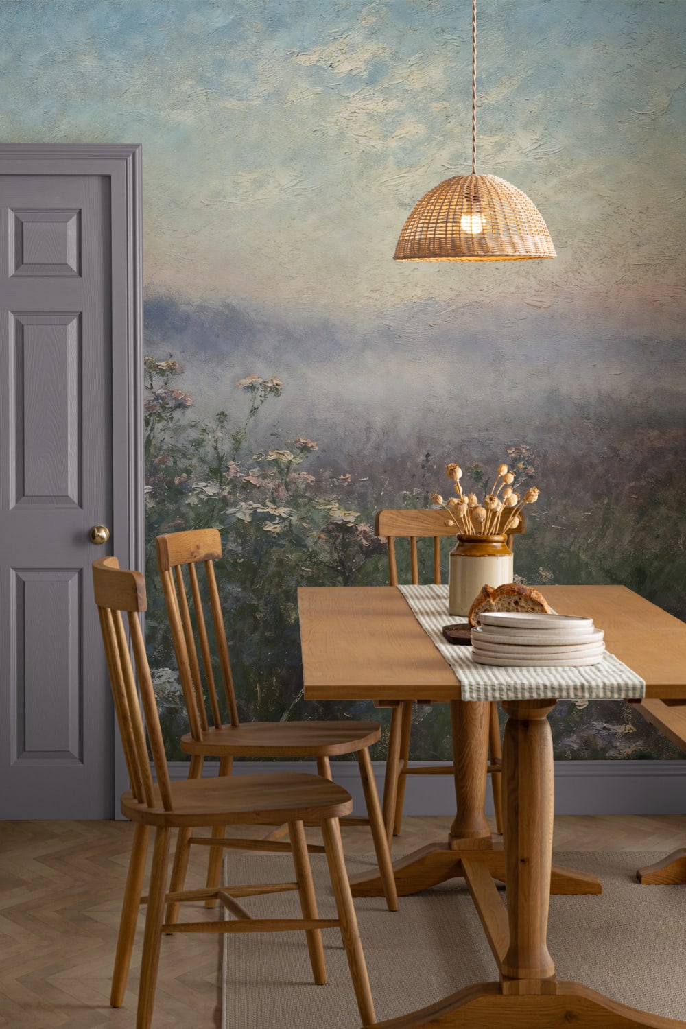 Blauwe Rustige Weide Sfeervolle Natuur Kunst Muurschildering