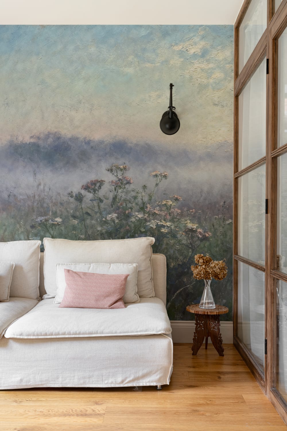 Blauwe Rustige Weide Sfeervolle Natuur Kunst Muurschildering