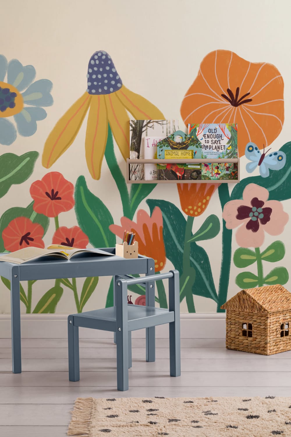 Heldere Kids Retro Scandinavische Bloemen Muurschildering
