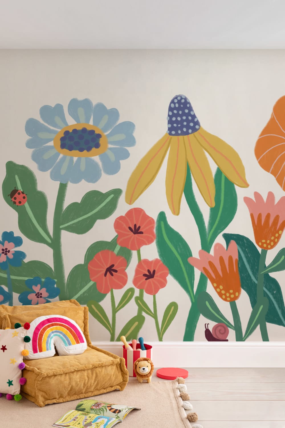 Heldere Kids Retro Scandinavische Bloemen Muurschildering