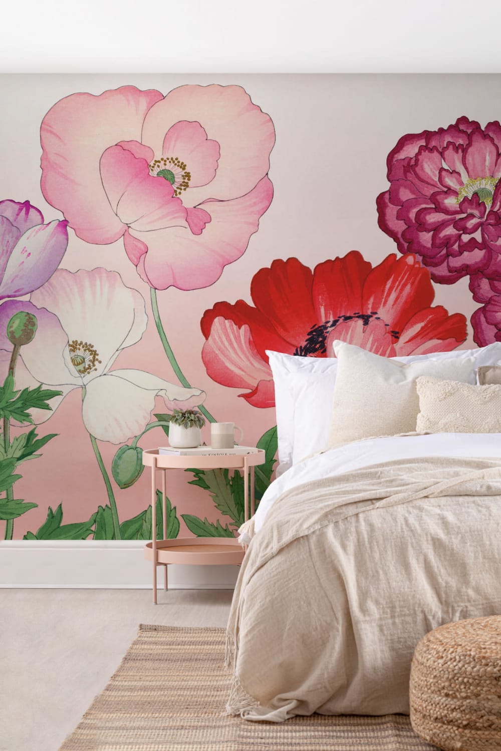 Pink Poppy Japanese Watercolor Floral Mural