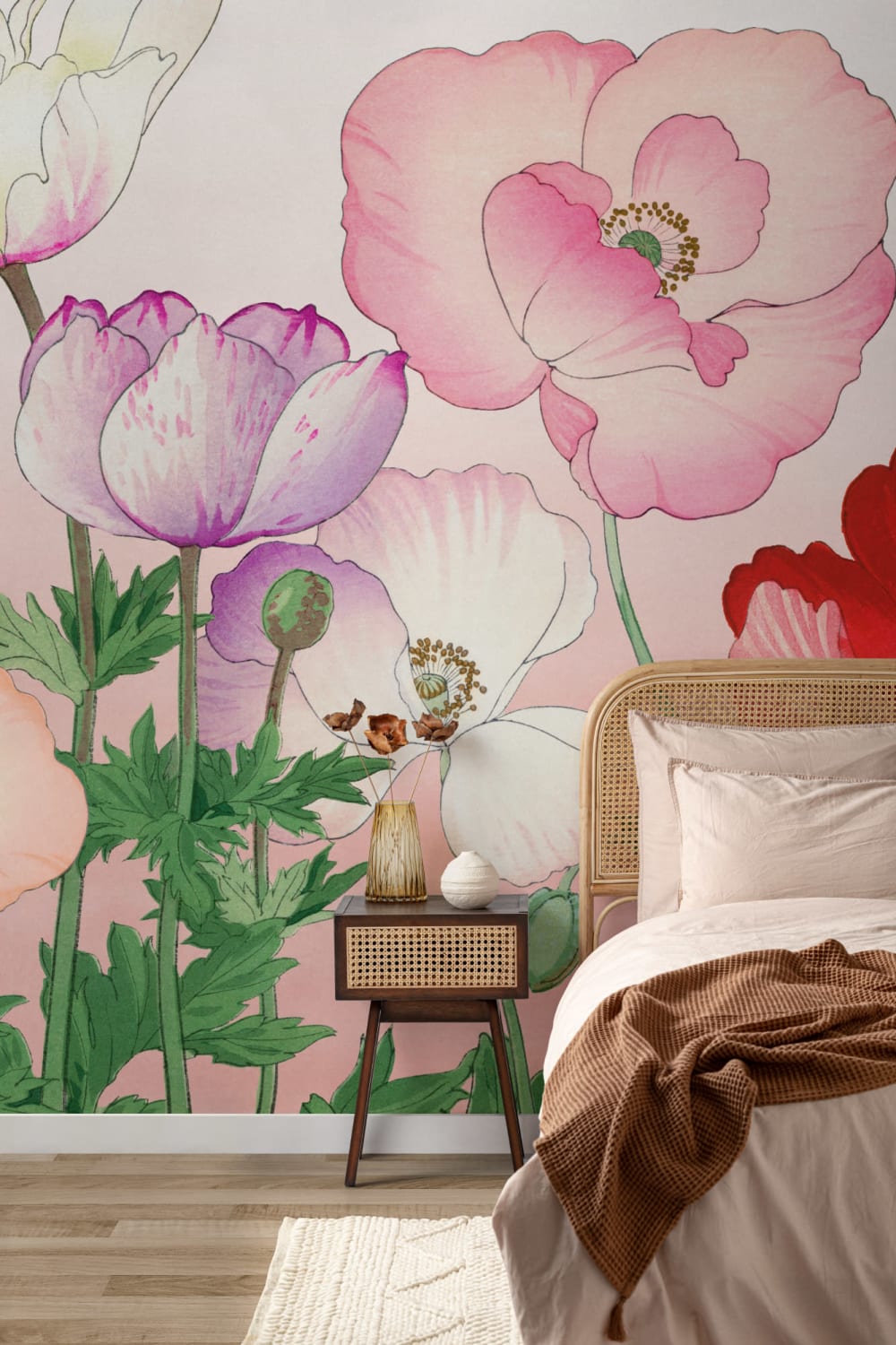 Pink Poppy Japanese Watercolor Floral Mural