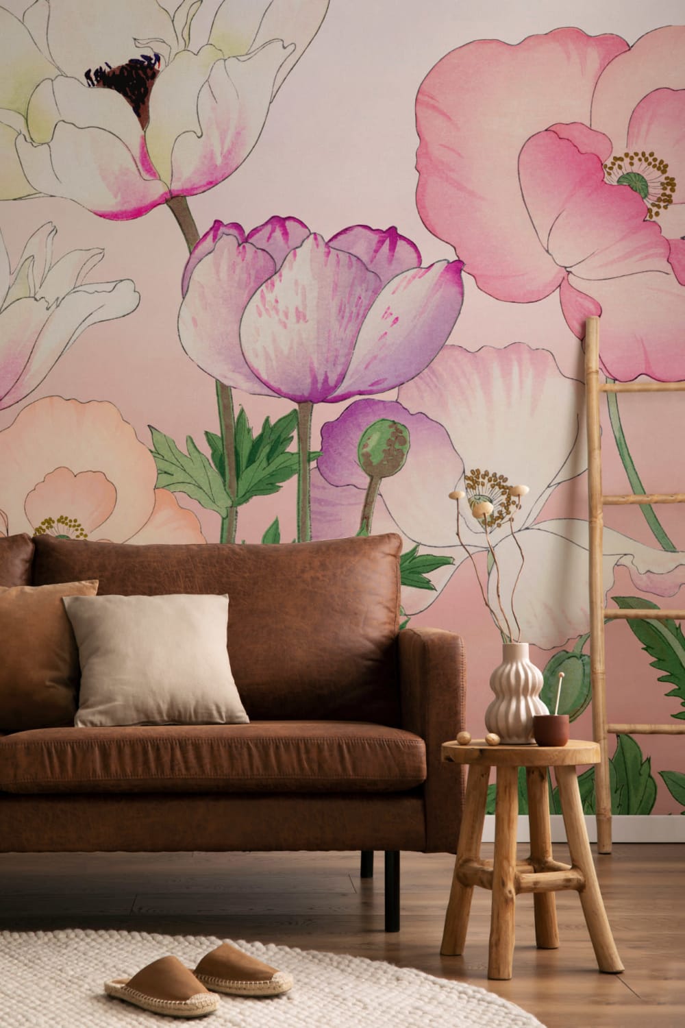 Pink Poppy Japanese Watercolor Floral Mural