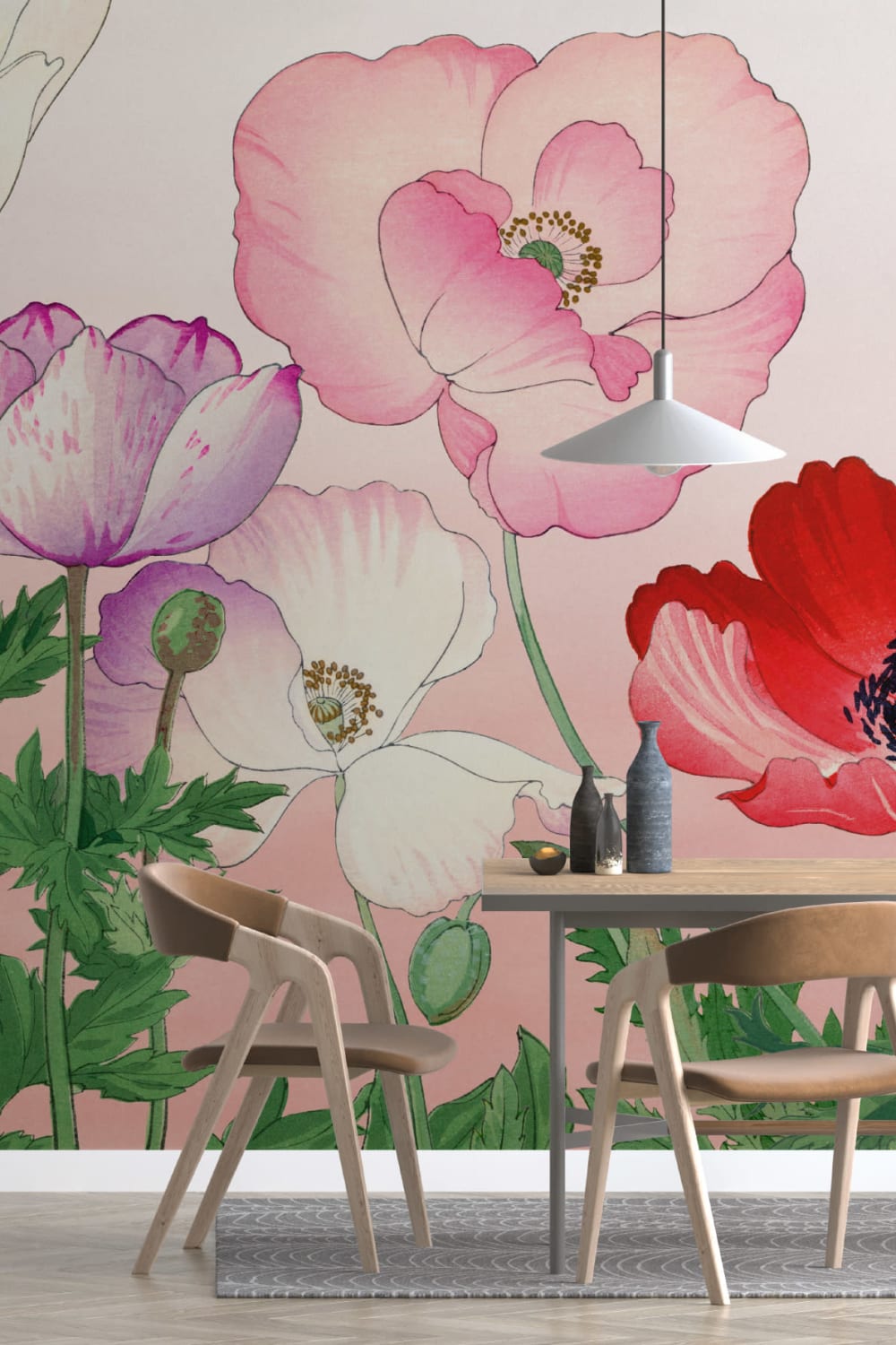 Pink Poppy Japanese Watercolor Floral Mural