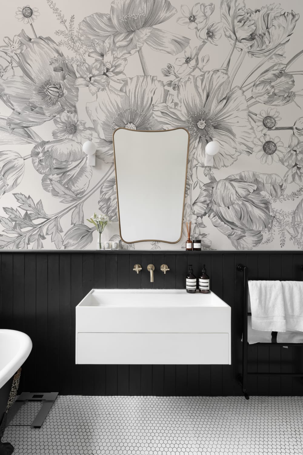 Monochrome Illustrated Floral Bouquet Mural