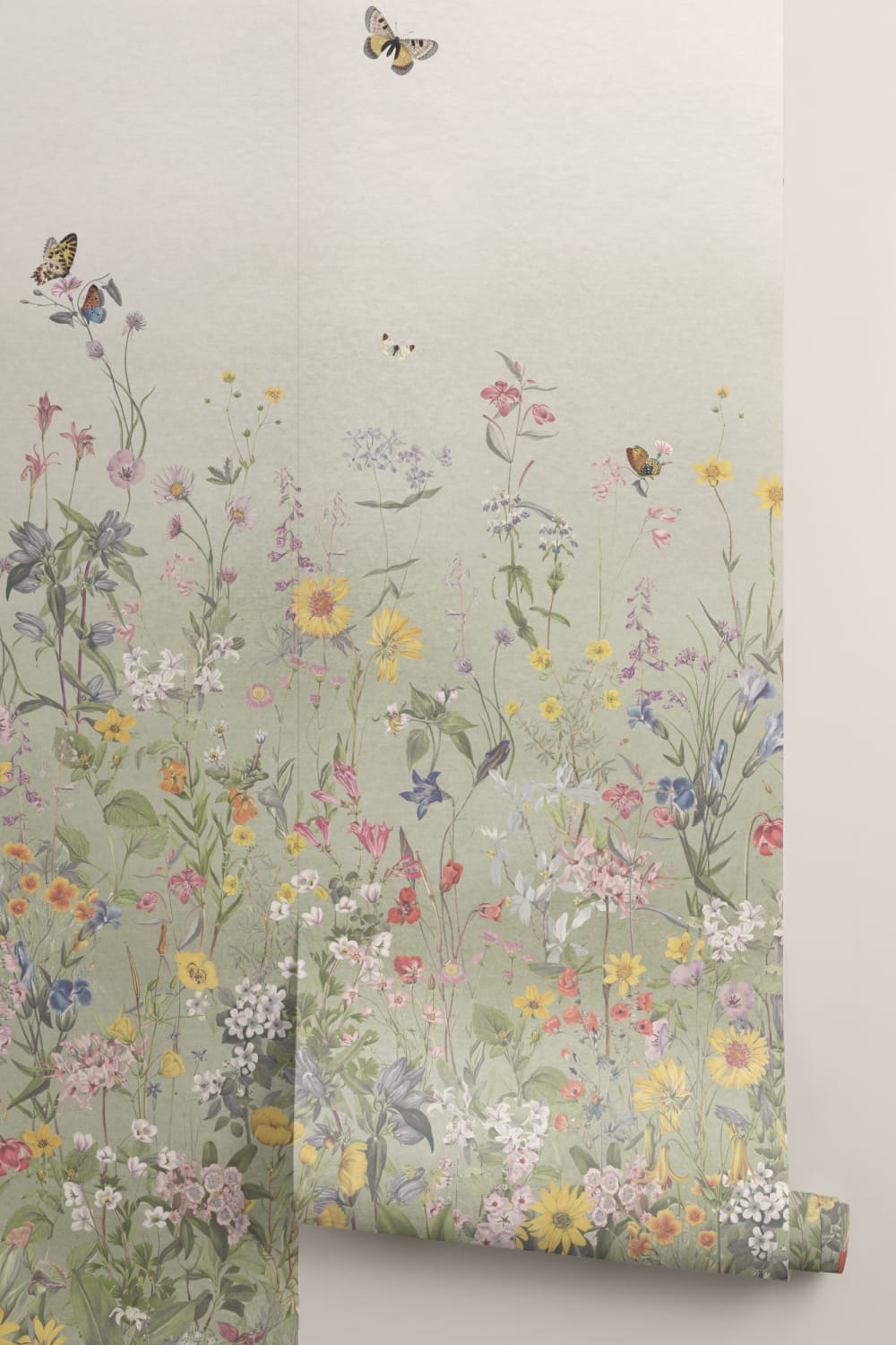 Mural de flores silvestres y mariposas verde ombre