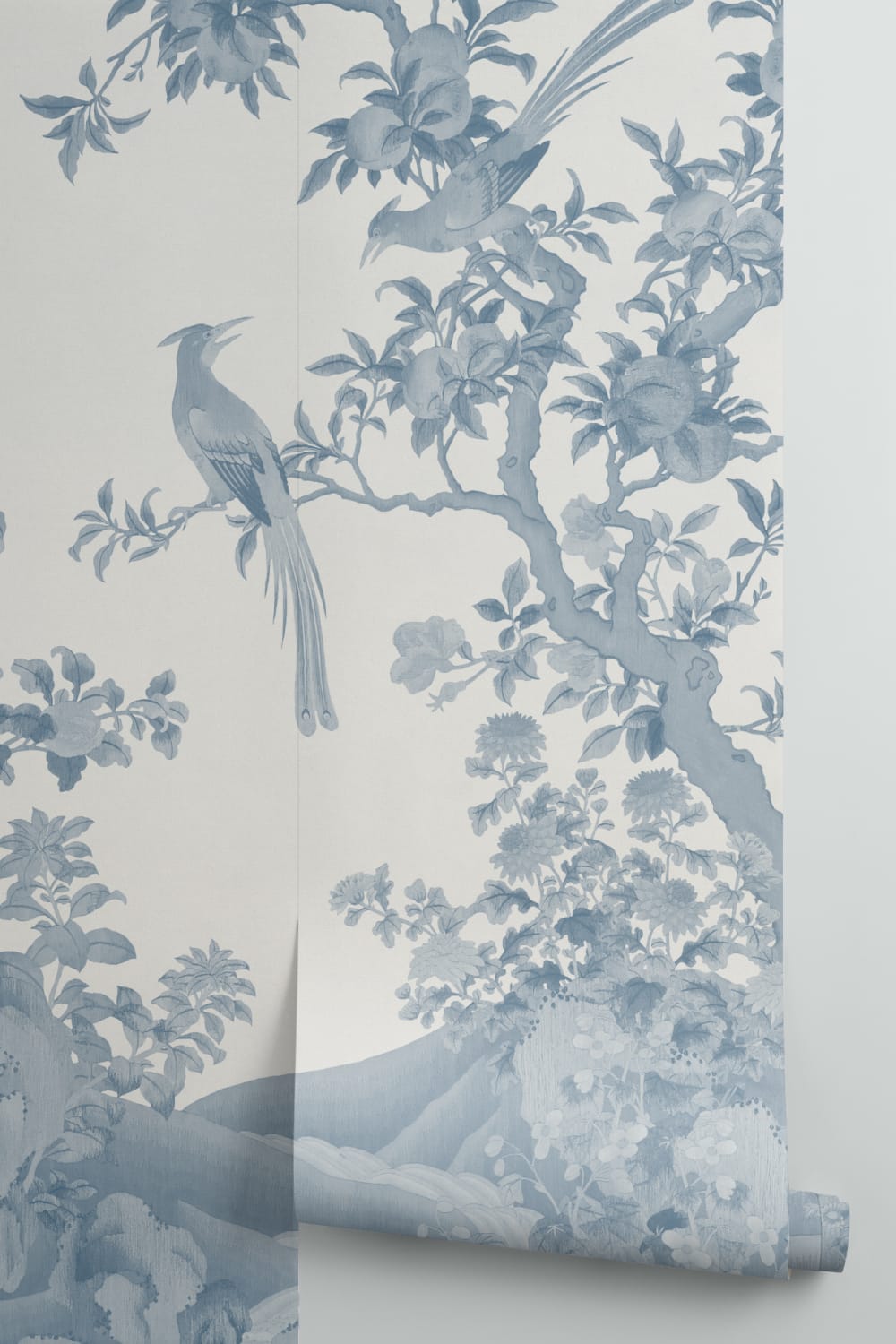 Tonal Blue Chinoiserie Vintage Garden Scene Mural