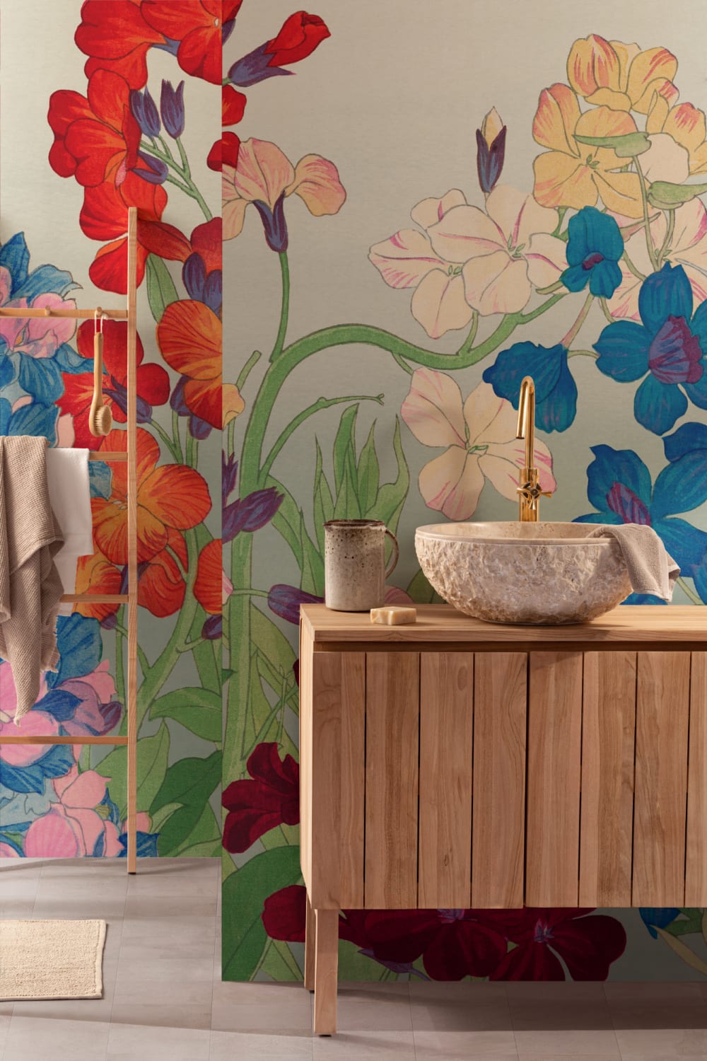 Mural floral japonés de acuarela Delphinium