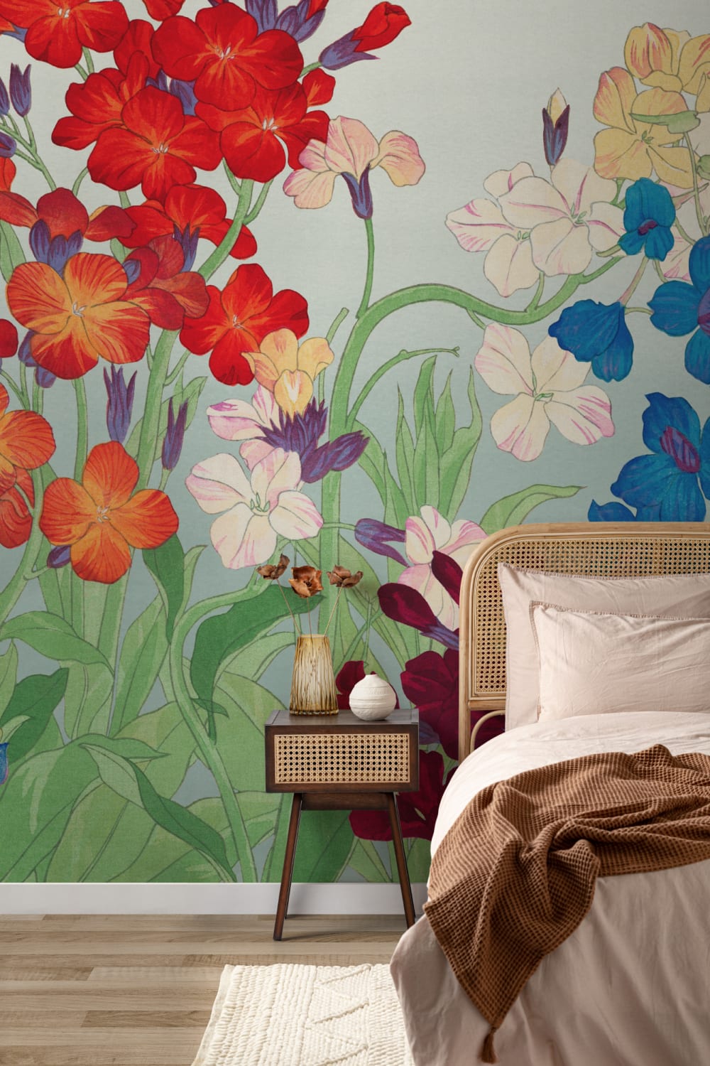 Mural floral japonés de acuarela Delphinium