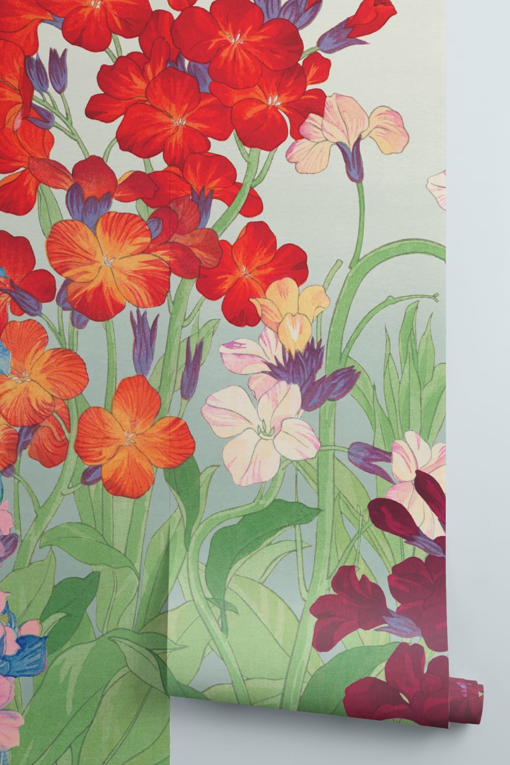Mural floral japonés de acuarela Delphinium