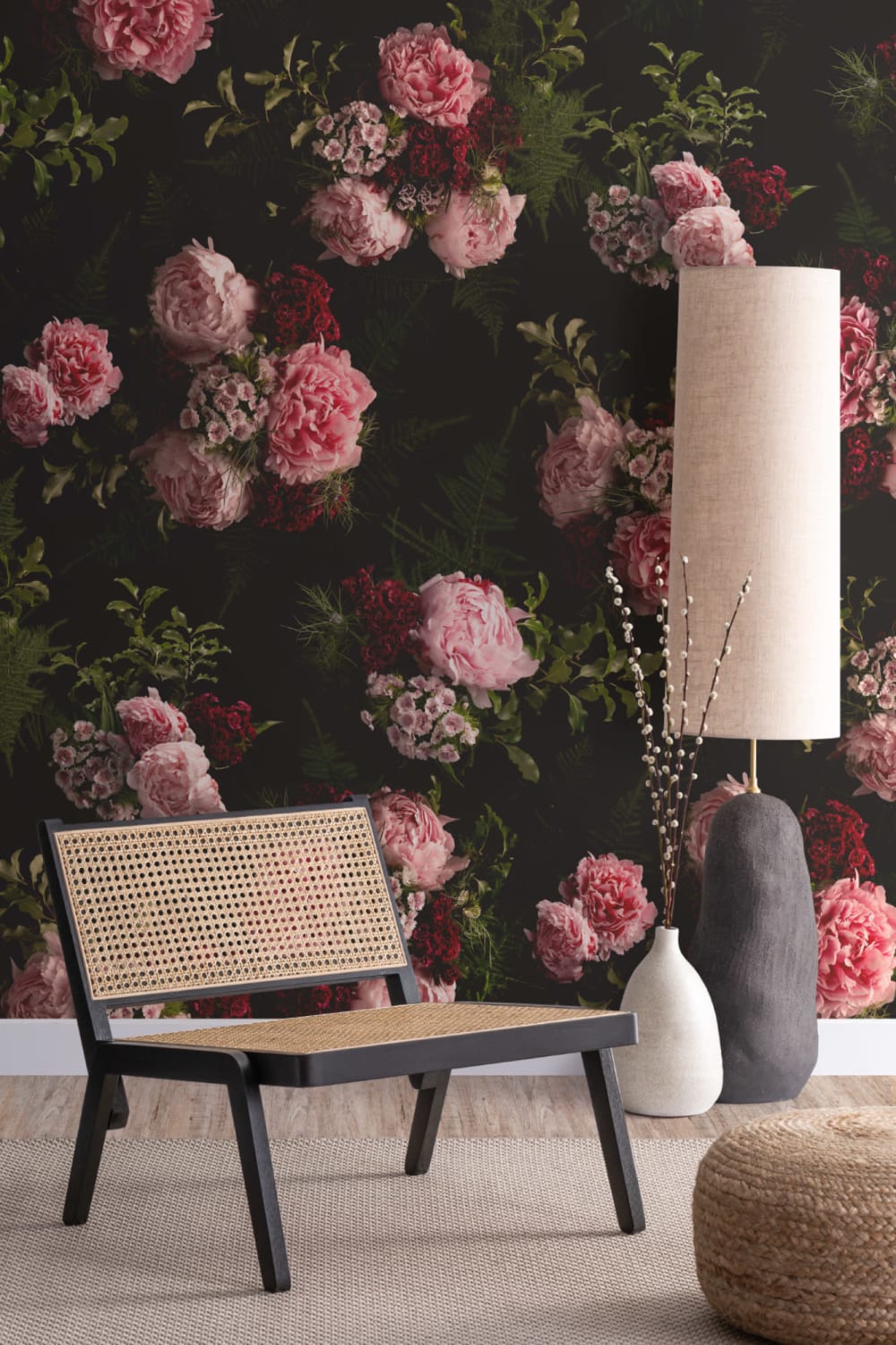Pink & Black Dark Moody Floral Pattern Wallpaper Mural