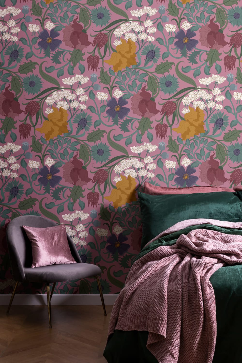 Vintage Colourful and Pink Floral Repeat Pattern Wallpaper