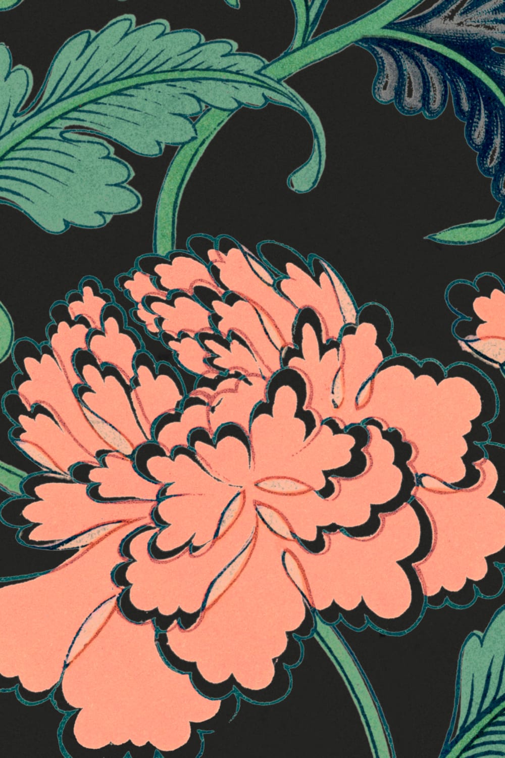 Peony Chinese Ornaments Illustrations Black Wall Mural