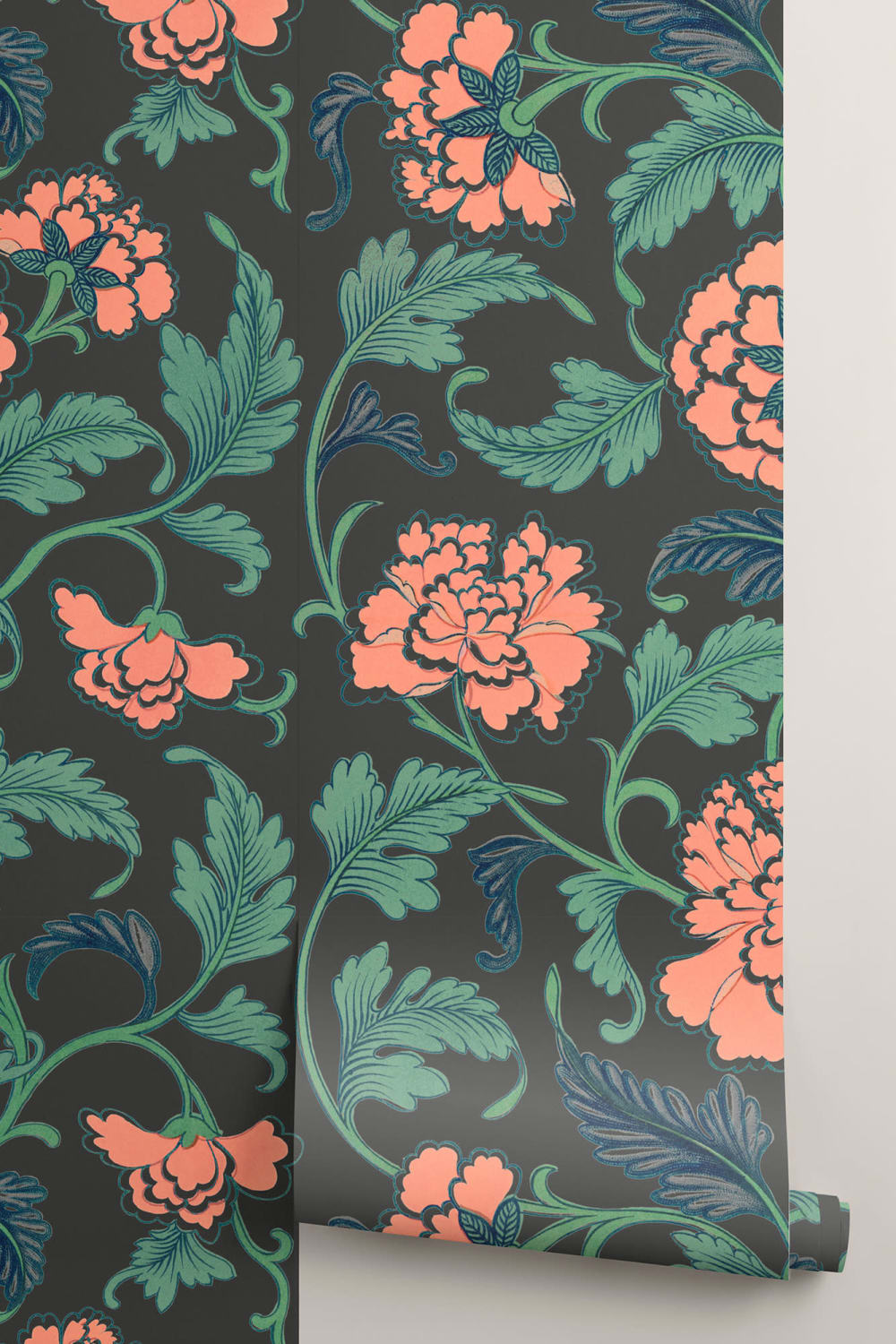 Peony Chinese Ornaments Illustrations Black Wall Mural