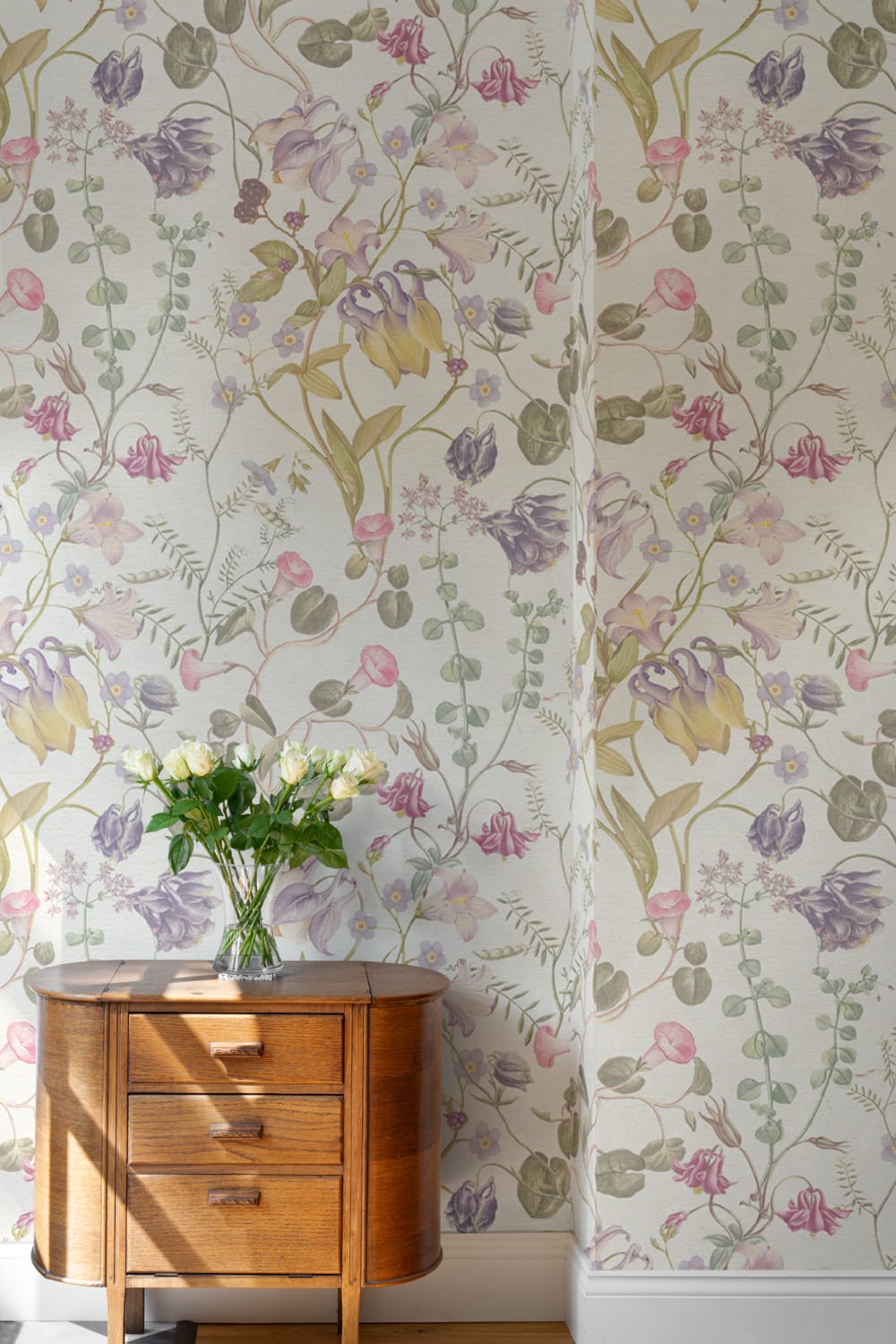 Evelina Pink Floral Wallpaper with Hand Drawn Vintage Botanical Pattern