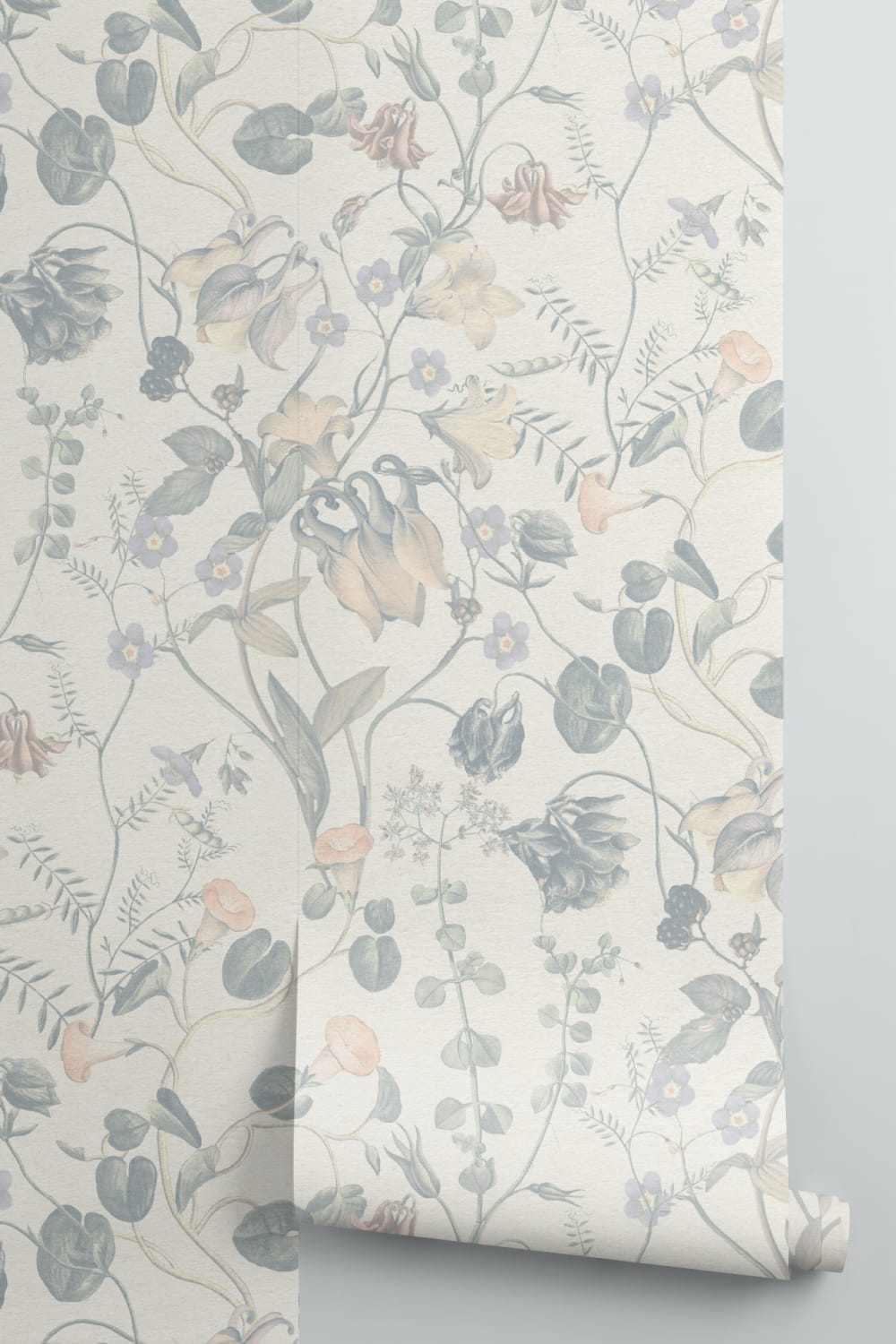 Evelina Blue Botanical Wallpaper with Whimsical Vintage Floral Details