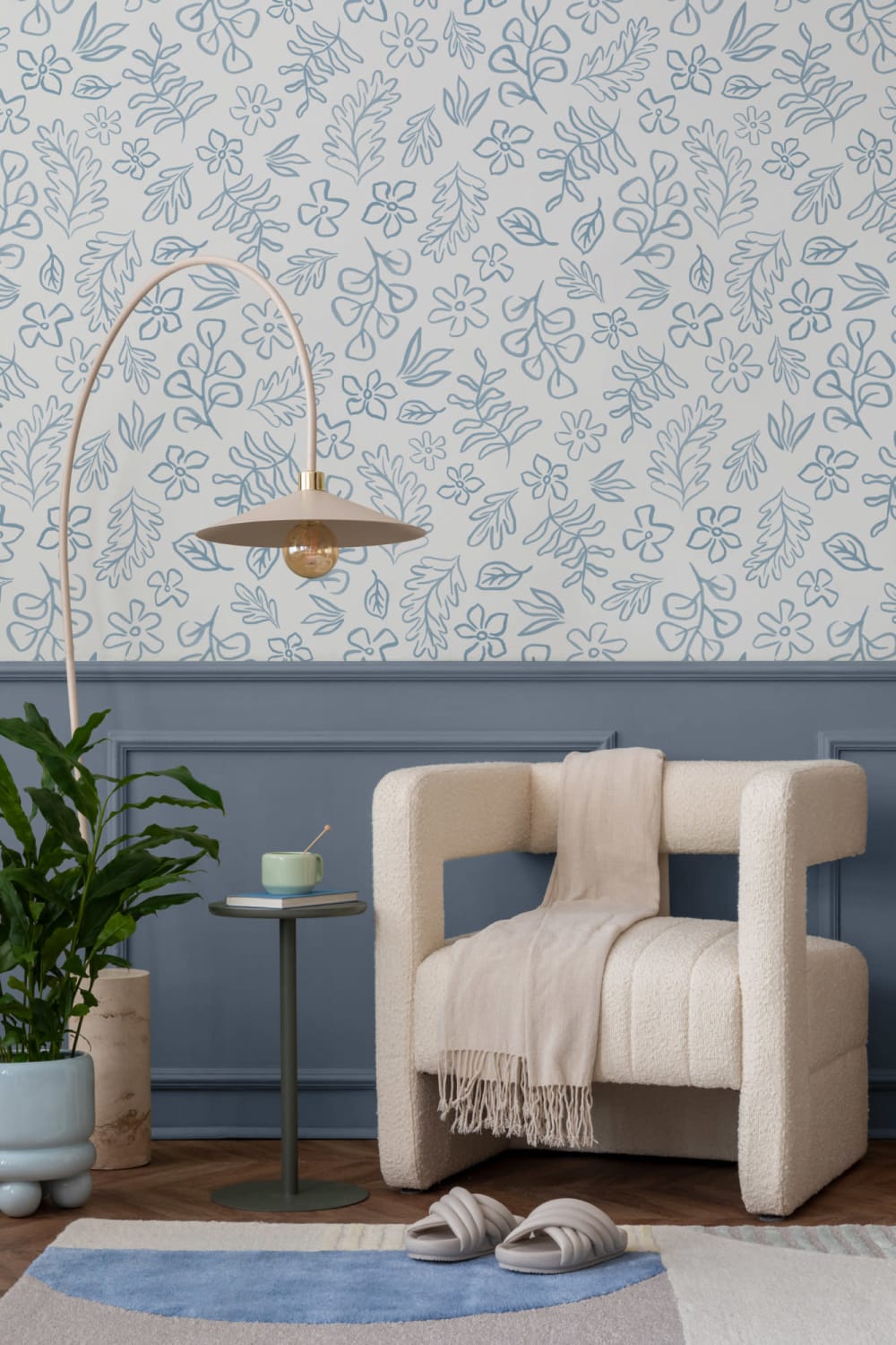 Tapet albastru cu motiv botanic scandinav