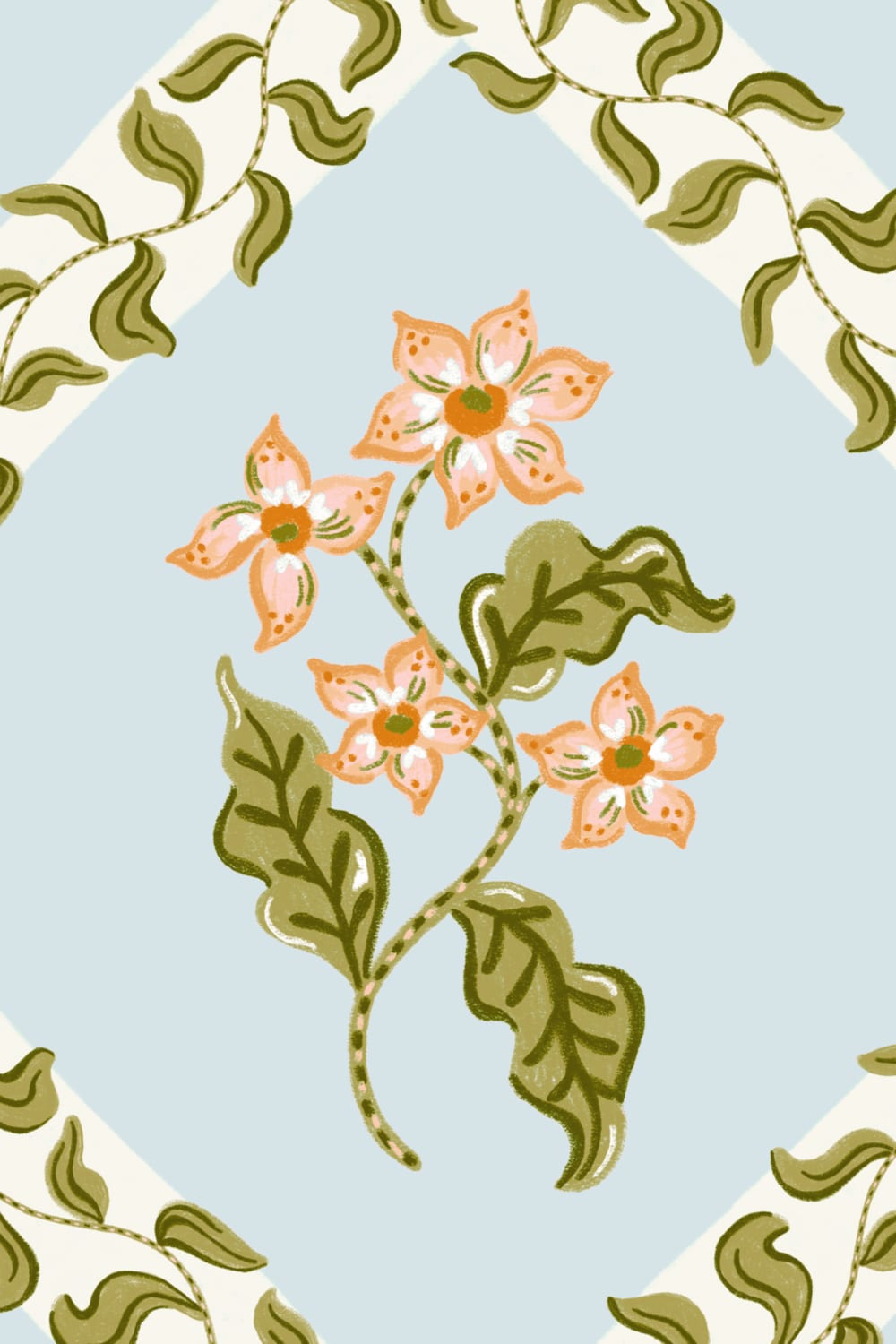 Light Blue Block Print Botanical Trellis Mural