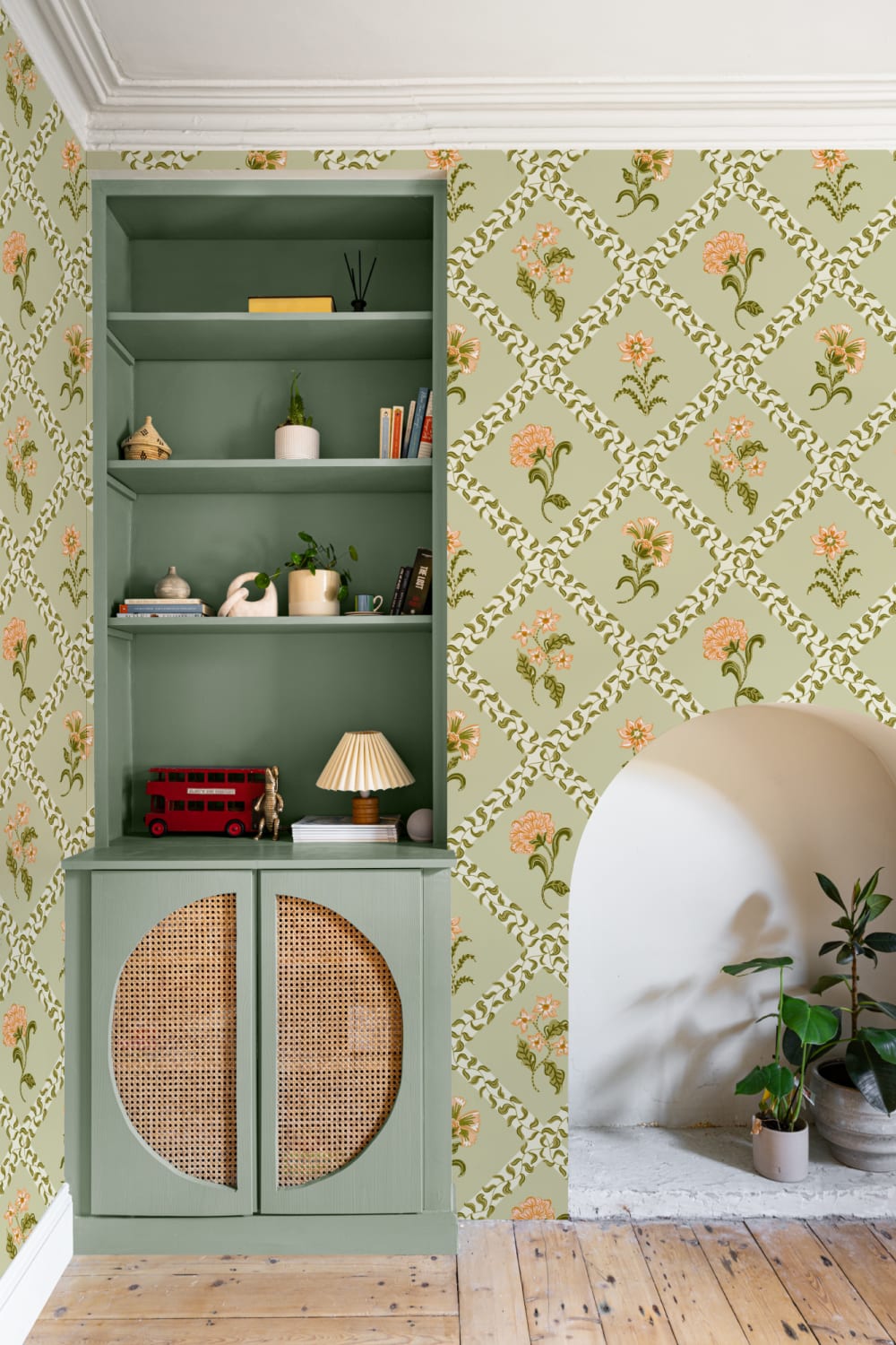 Grønt fototapet med botanisk espalier i bloktryk