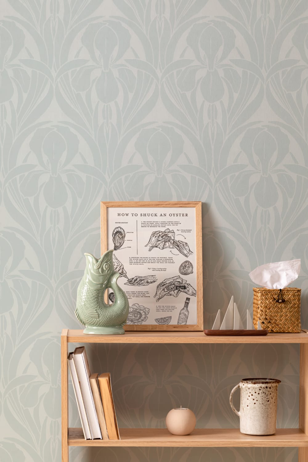 Blauwe Art Deco Houtblok Iris Muurschildering