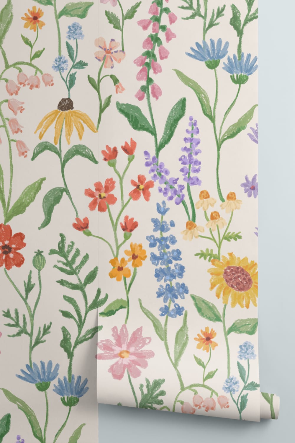 Carta da parati beige con fiori selvatici disegnati a mano