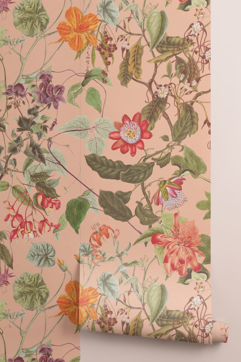 Vintage kasvitieteellinen kukka kuvatapetti pehmeä Blush vaaleanpunainen