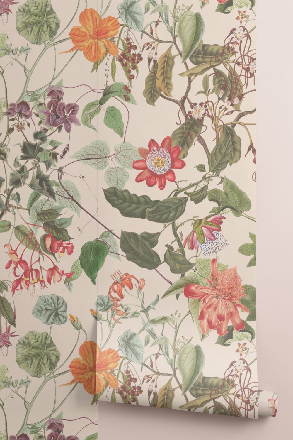 Elegant fototapet med botaniske blomster i creme