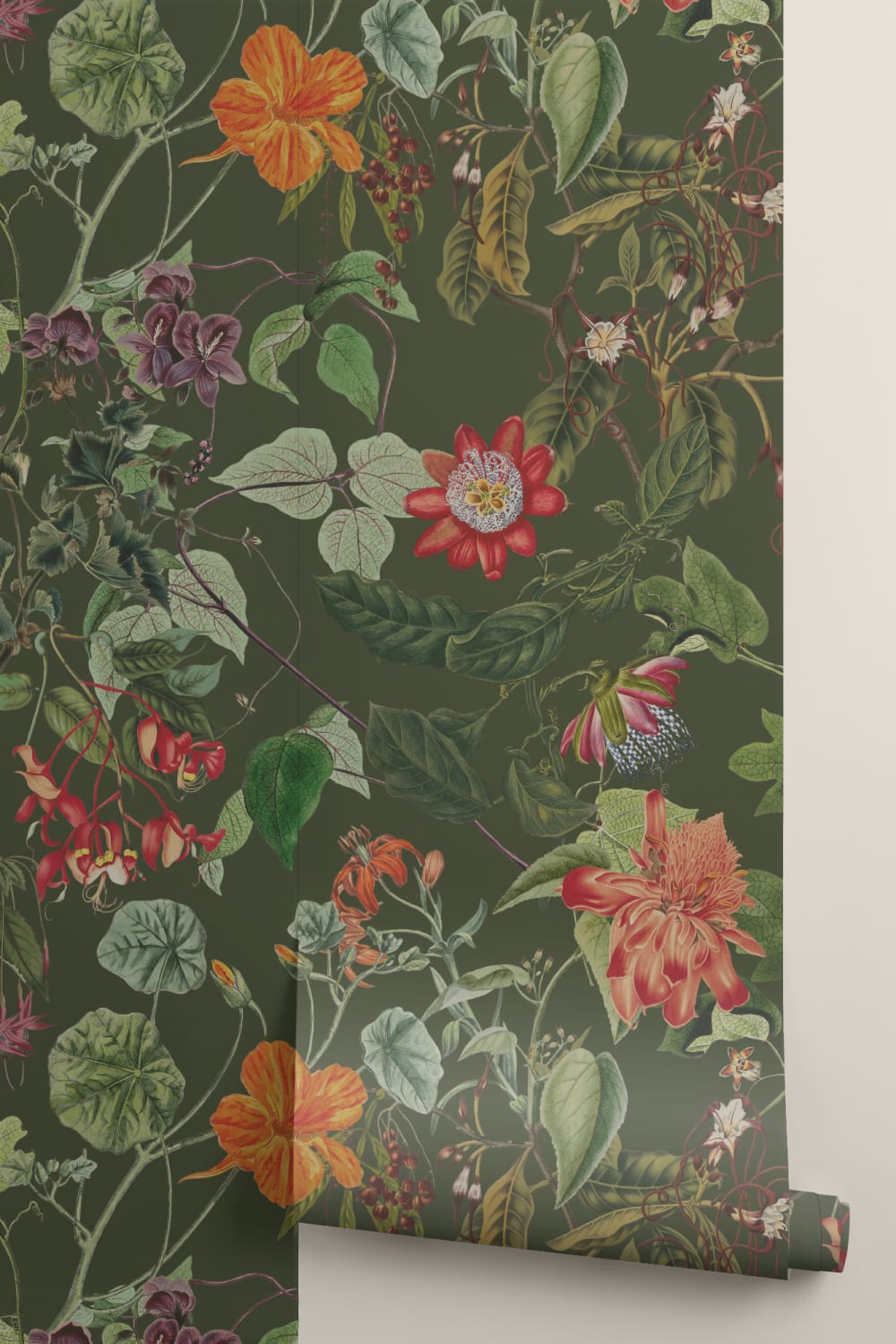 Dramatisk botanisk fototapet med blomster i skovgrønt