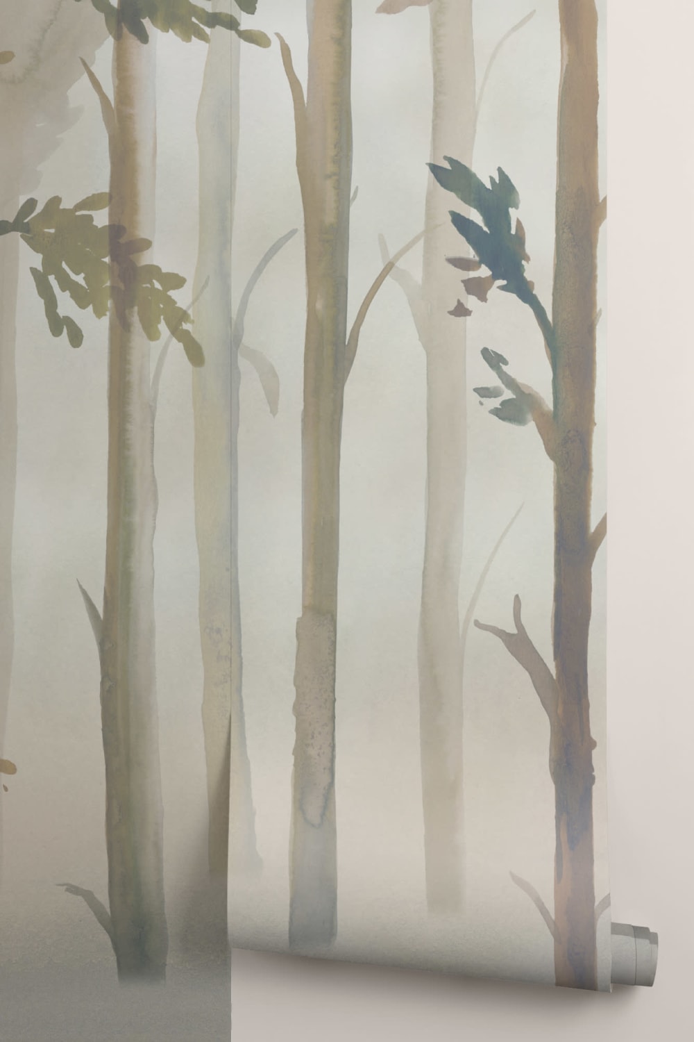 Aquarell Fototapete mit Wald im Nebel in Grüntönen