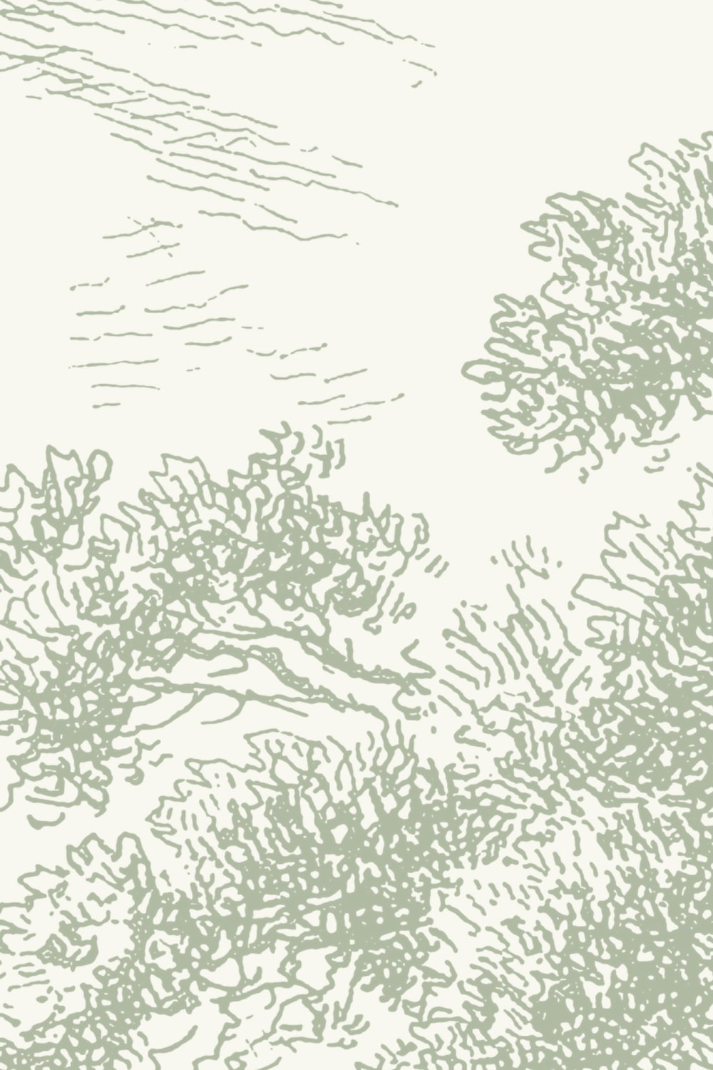 Vintage Forest Etching Wall Mural in Sage Green Tones