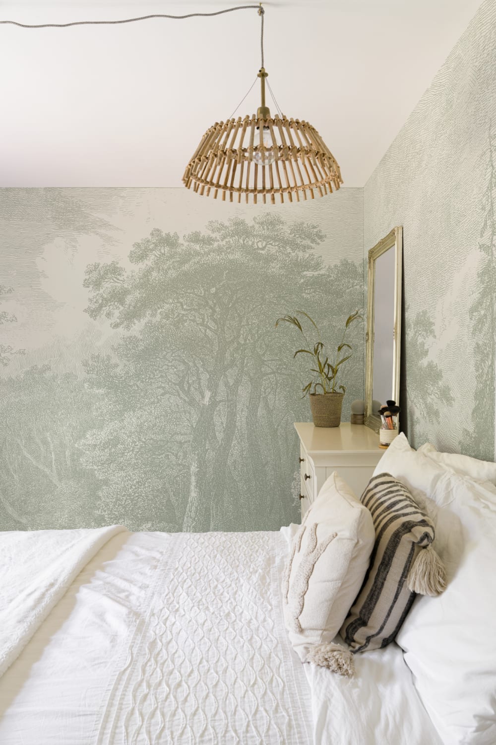 Vintage Forest Etching Wall Mural in Sage Green Tones