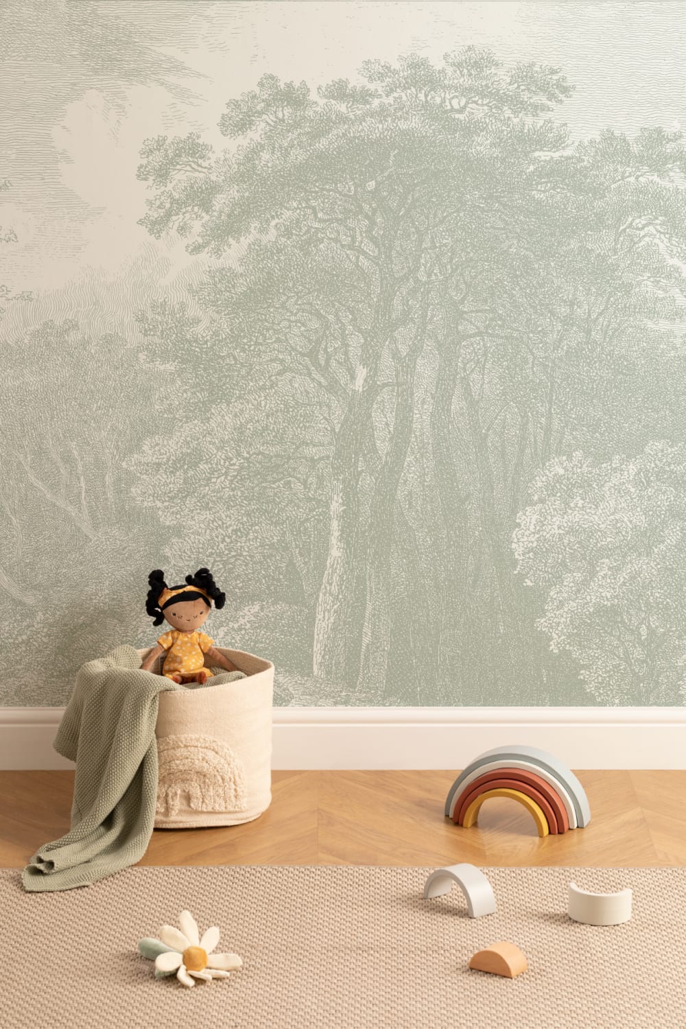 Vintage Forest Etching Wall Mural in Sage Green Tones