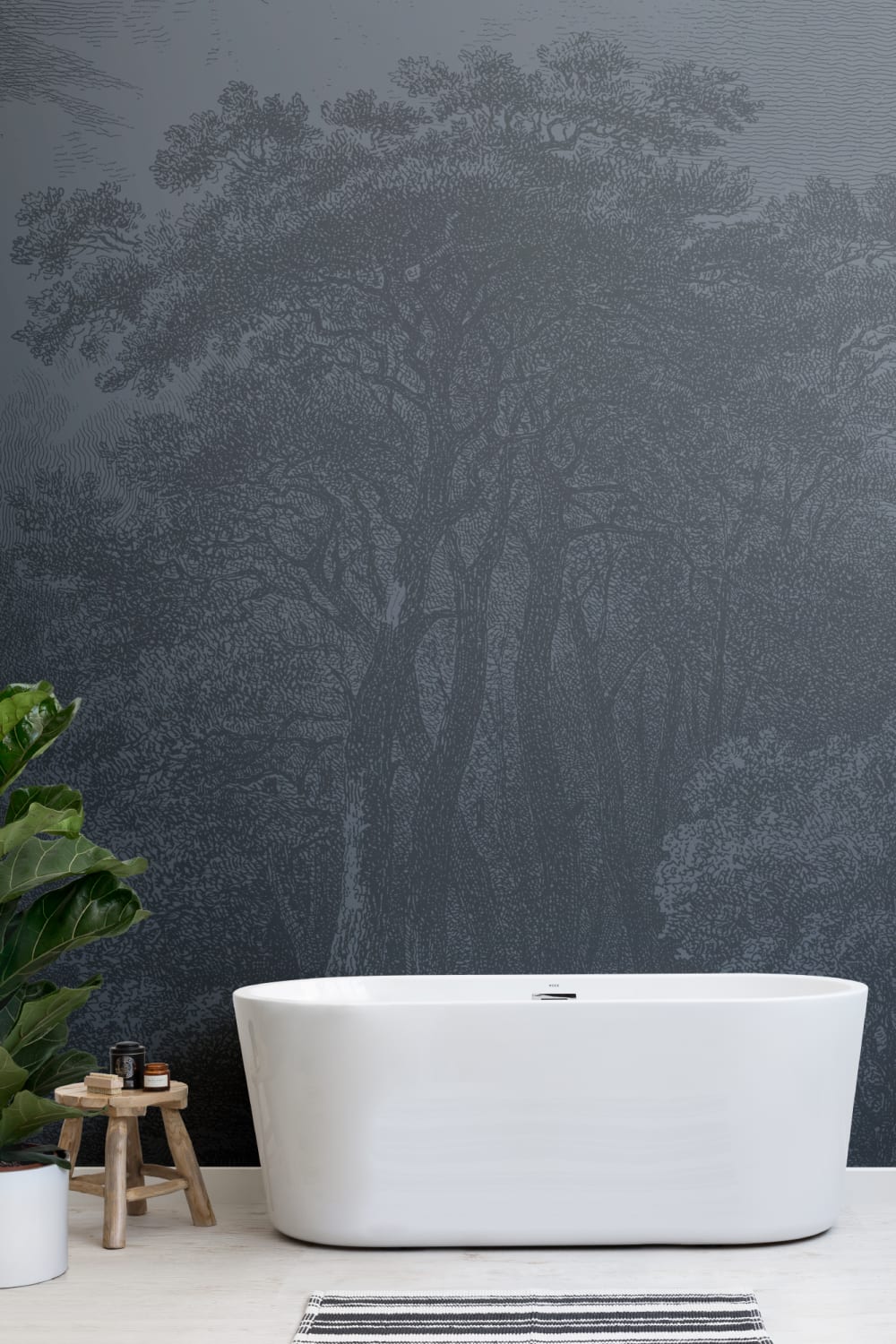 Vintage Forest Etching Wall Mural in Deep Navy Blue
