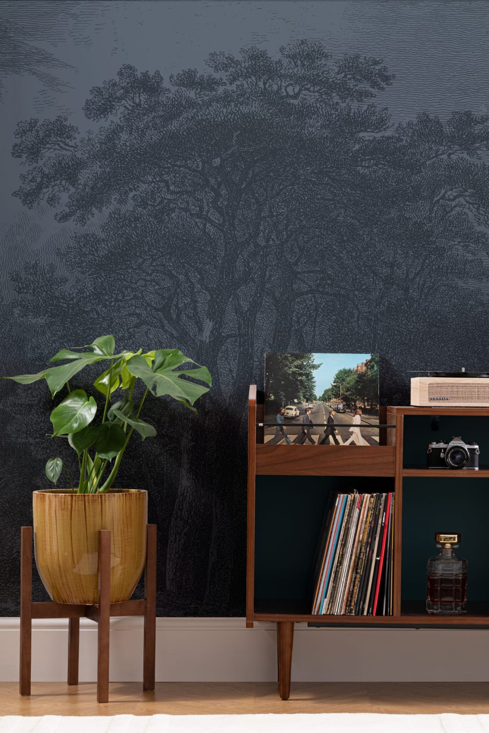 Vintage Forest Etching Wall Mural in Deep Navy Blue