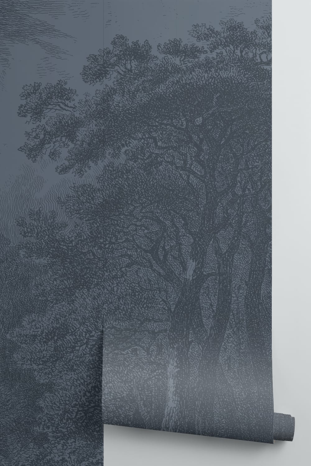 Vintage Forest Etching Wall Mural in Deep Navy Blue