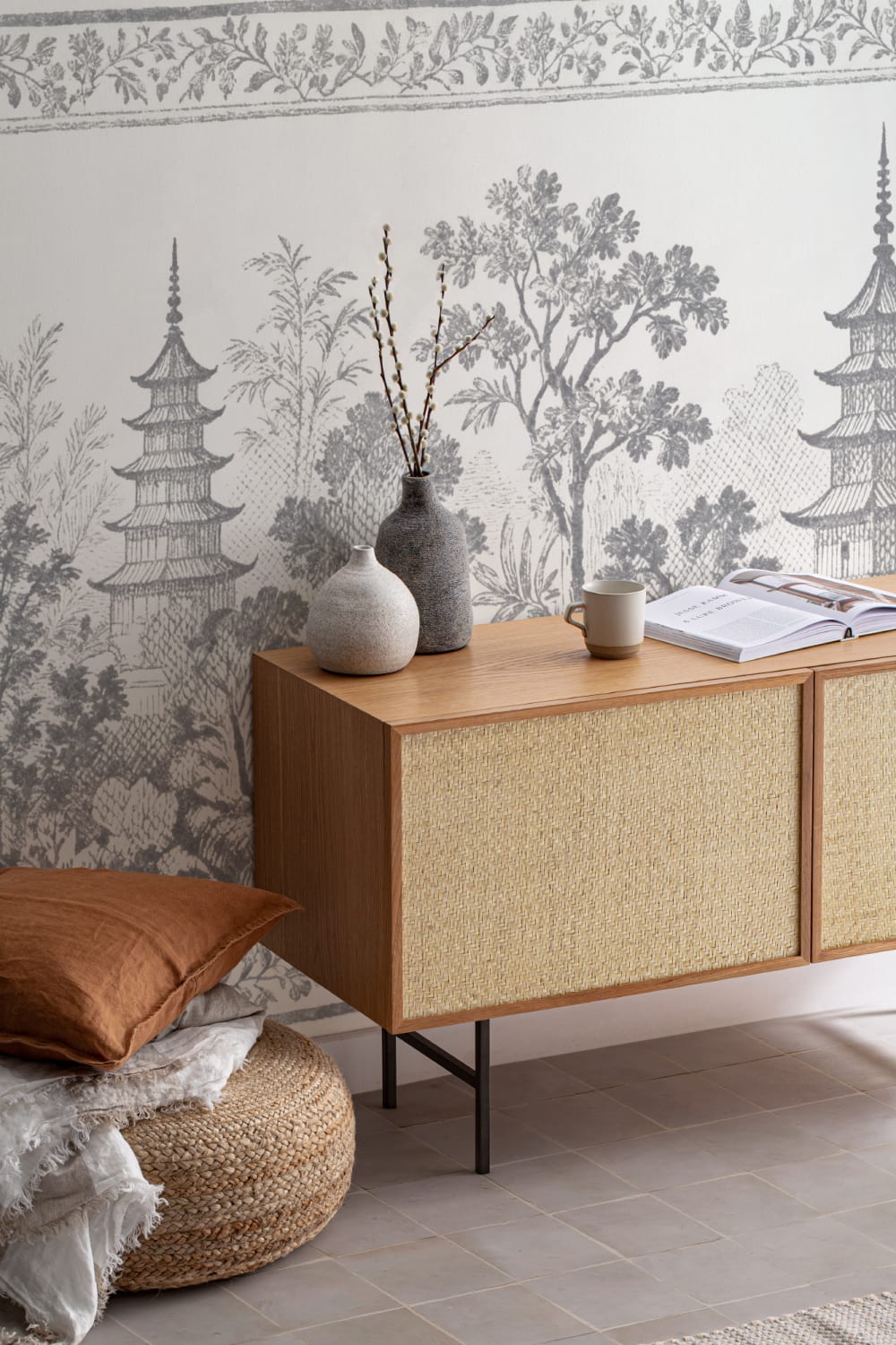 Grey Oriental Pagoda Scene Nature Mural Wallpaper Mural