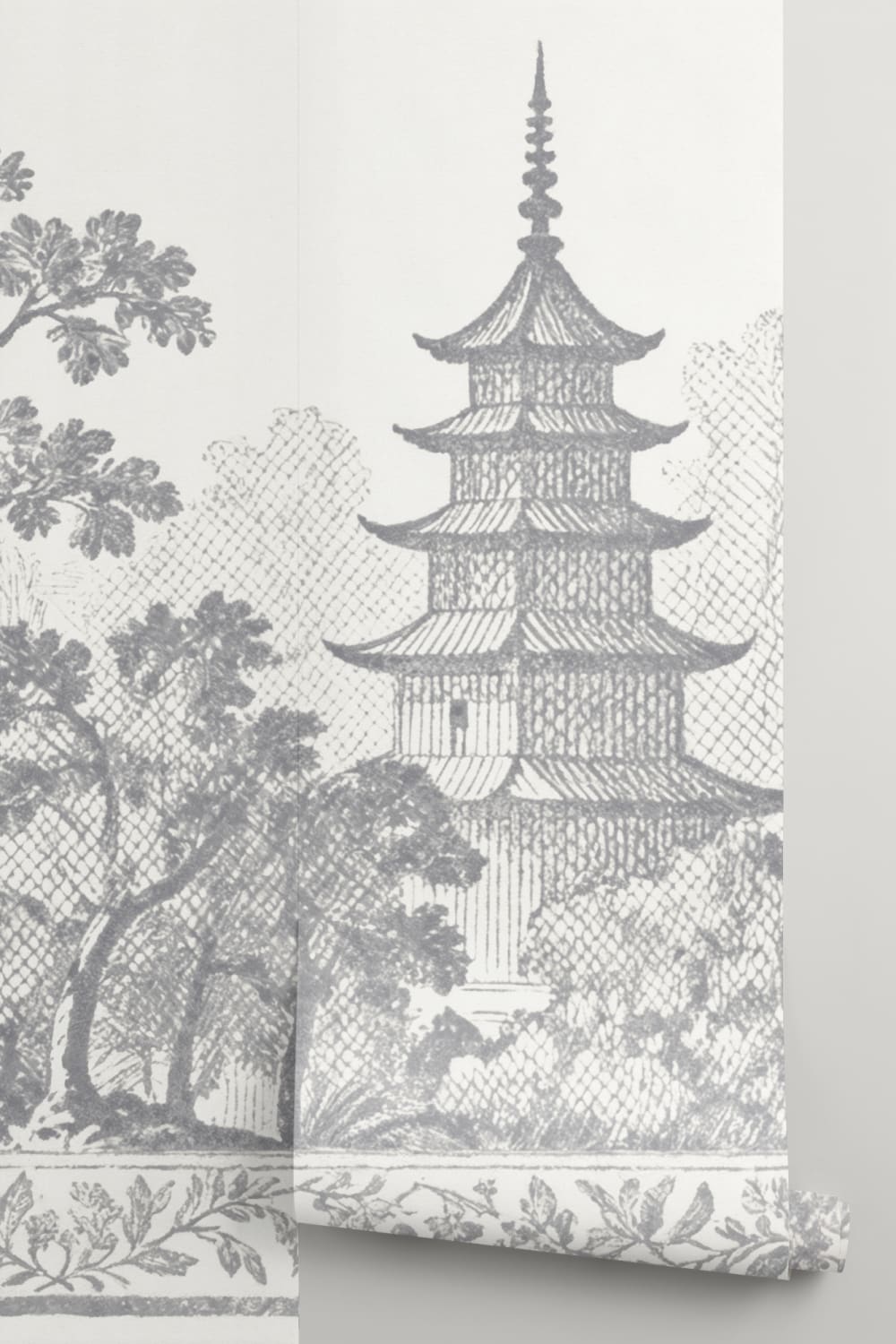 Grey Oriental Pagoda Scene Nature Mural Wallpaper Mural