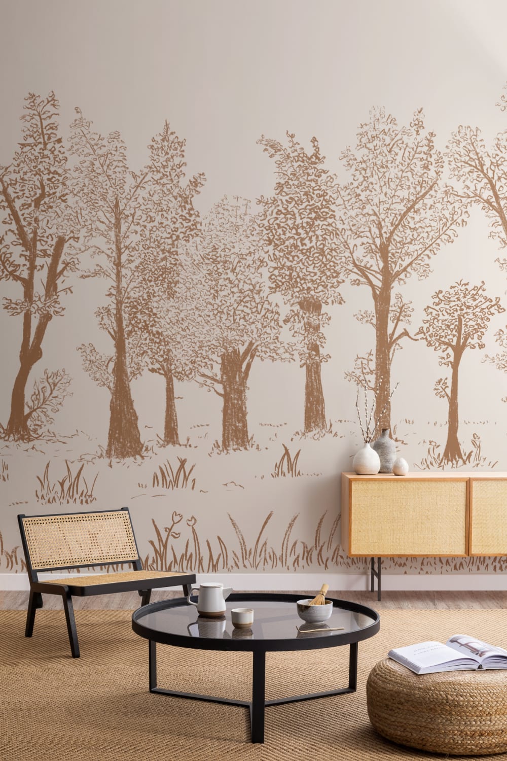 Papier Peint Panoramique de forêt européenne traditionnelle illustrée en marron