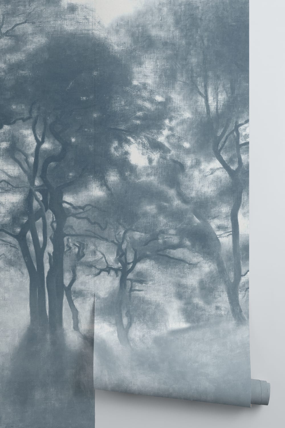 Mural de pintura a óleo da floresta azul enevoada