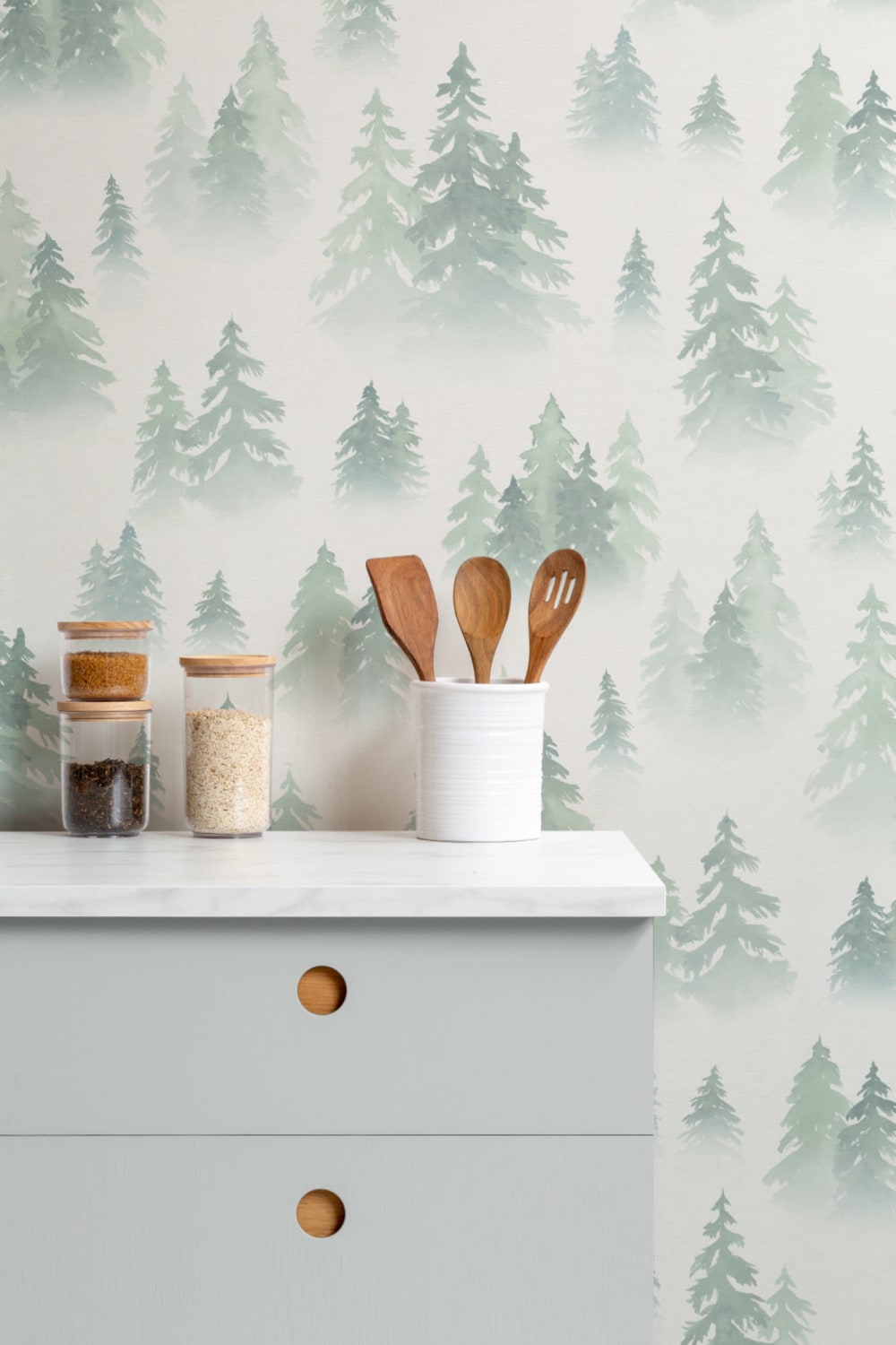 Green Watercolor Birch Tree Forest Wallpaper Mural
