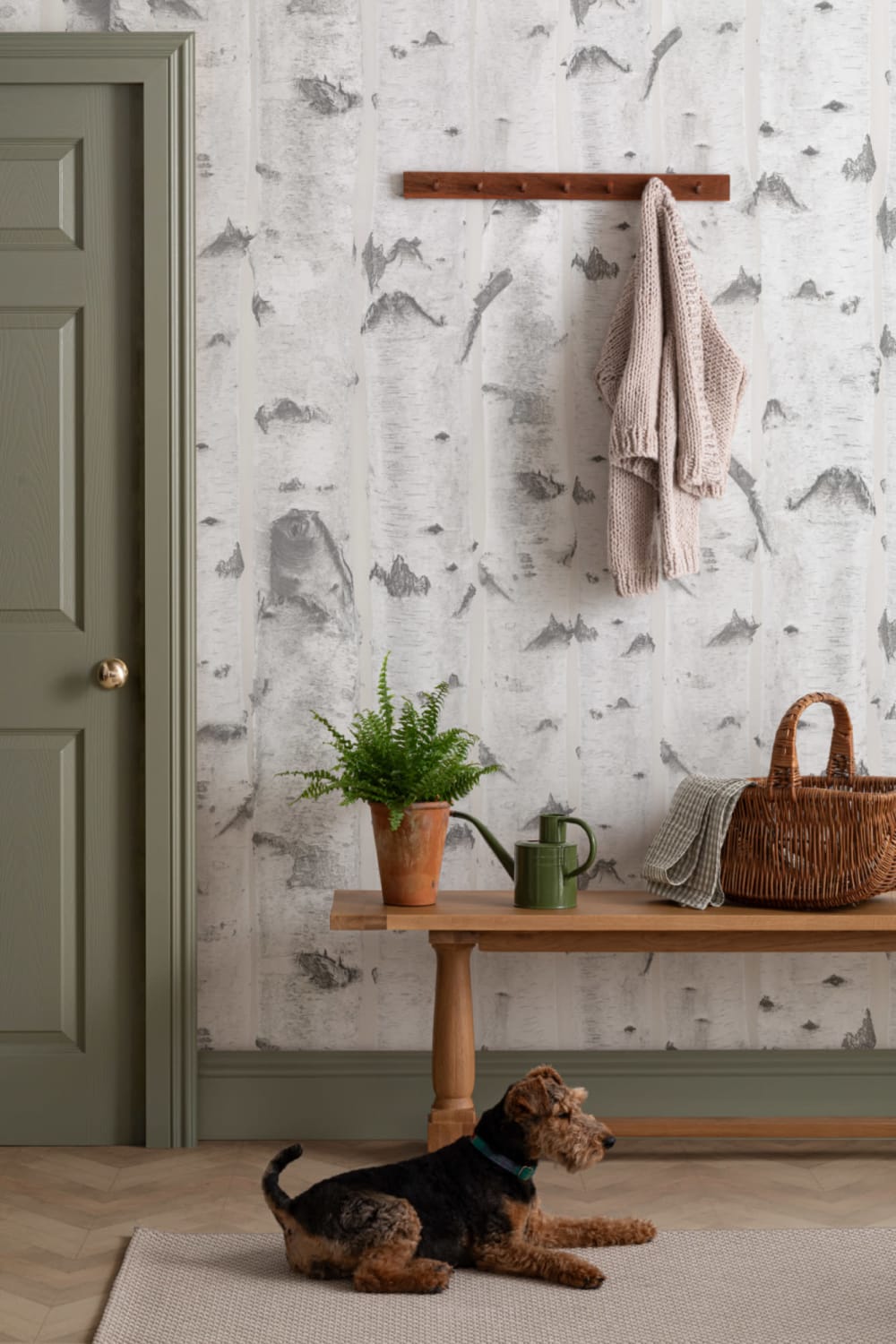 Mural de papel de parede com padrão de árvore de bétula branca e creme
