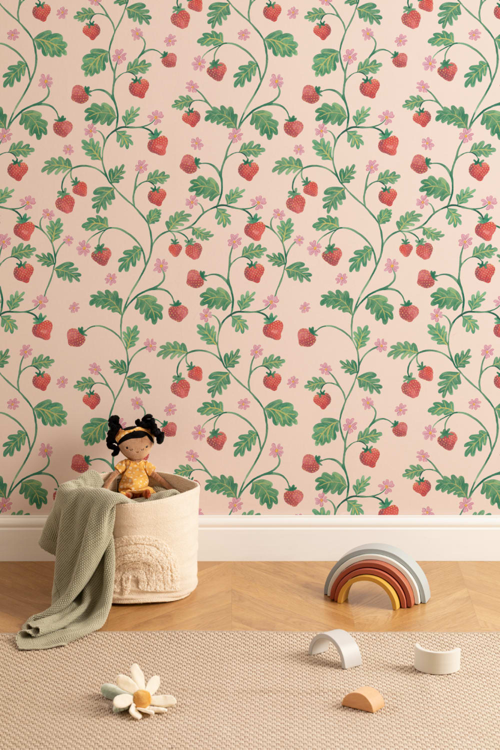 Papier peint beige vintage aquarelle fraise et feuillage
