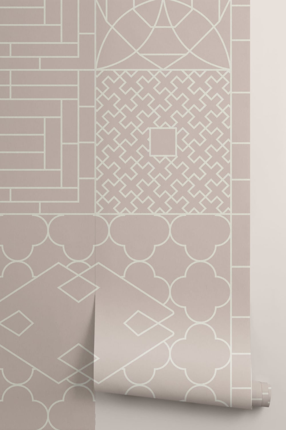 Mural Papel Pintado Formas Geométricas al Estilo Chino en Rosa Palo