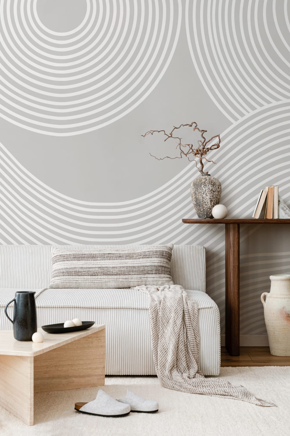 Carta da Parati Stile Giapponese Grigia con Linee Curve
